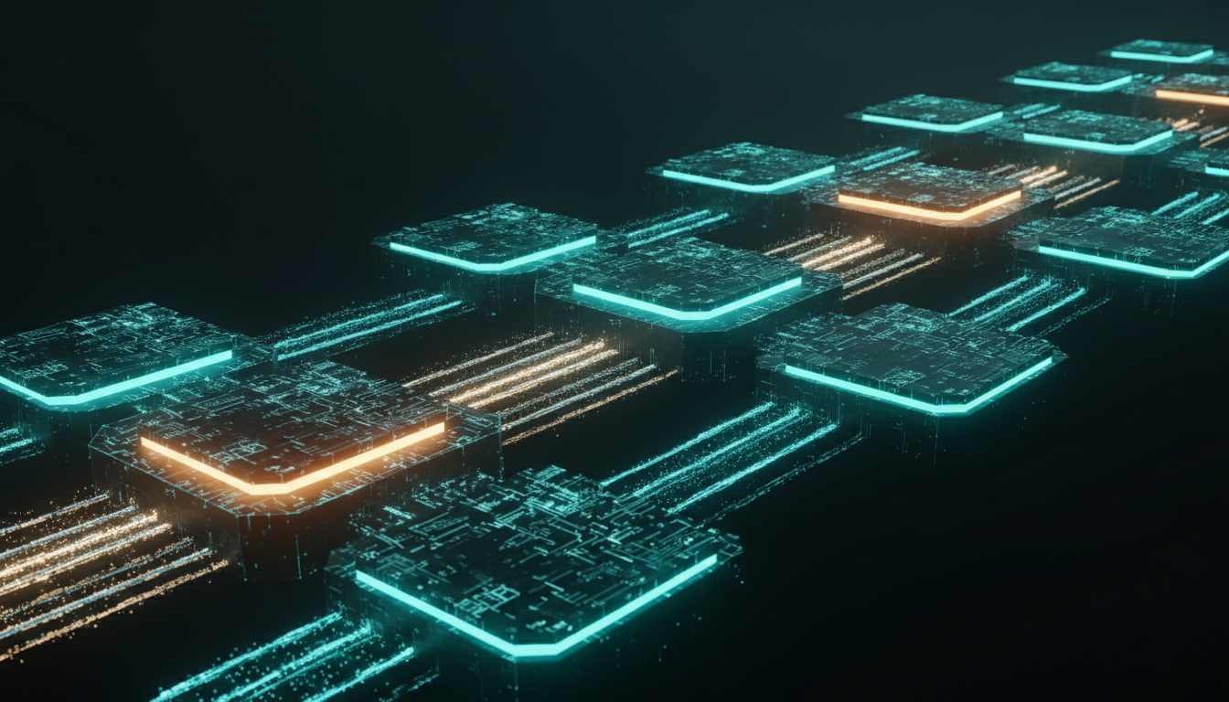 Glowing process flow diagram with teal nodes and amber human decision checkpoints representing structured workflow mapping