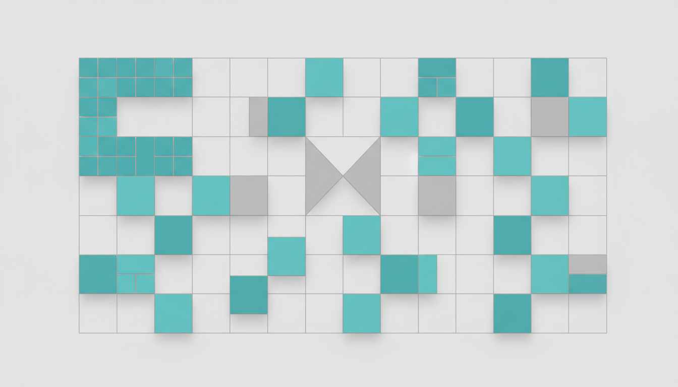 Grid of teal and grey blocks representing data completeness and gaps in a business data audit