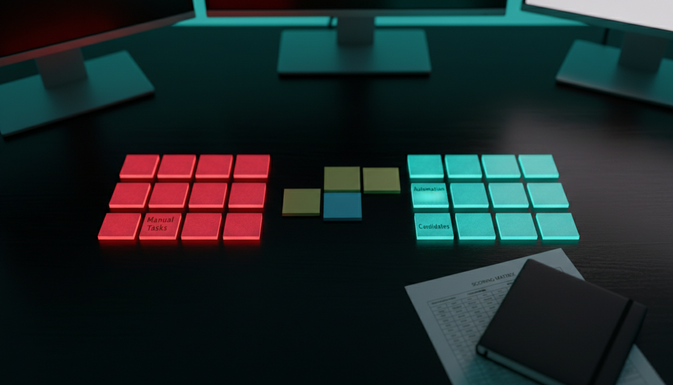 Business process audit grid showing crimson manual tasks and teal automation candidates on dark desk