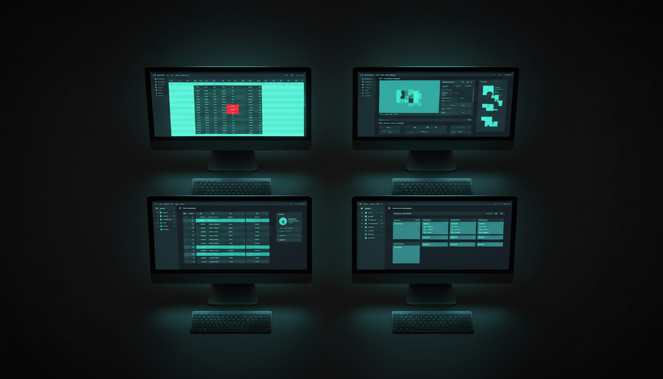 Four workstation screens showing different AI tools across business roles