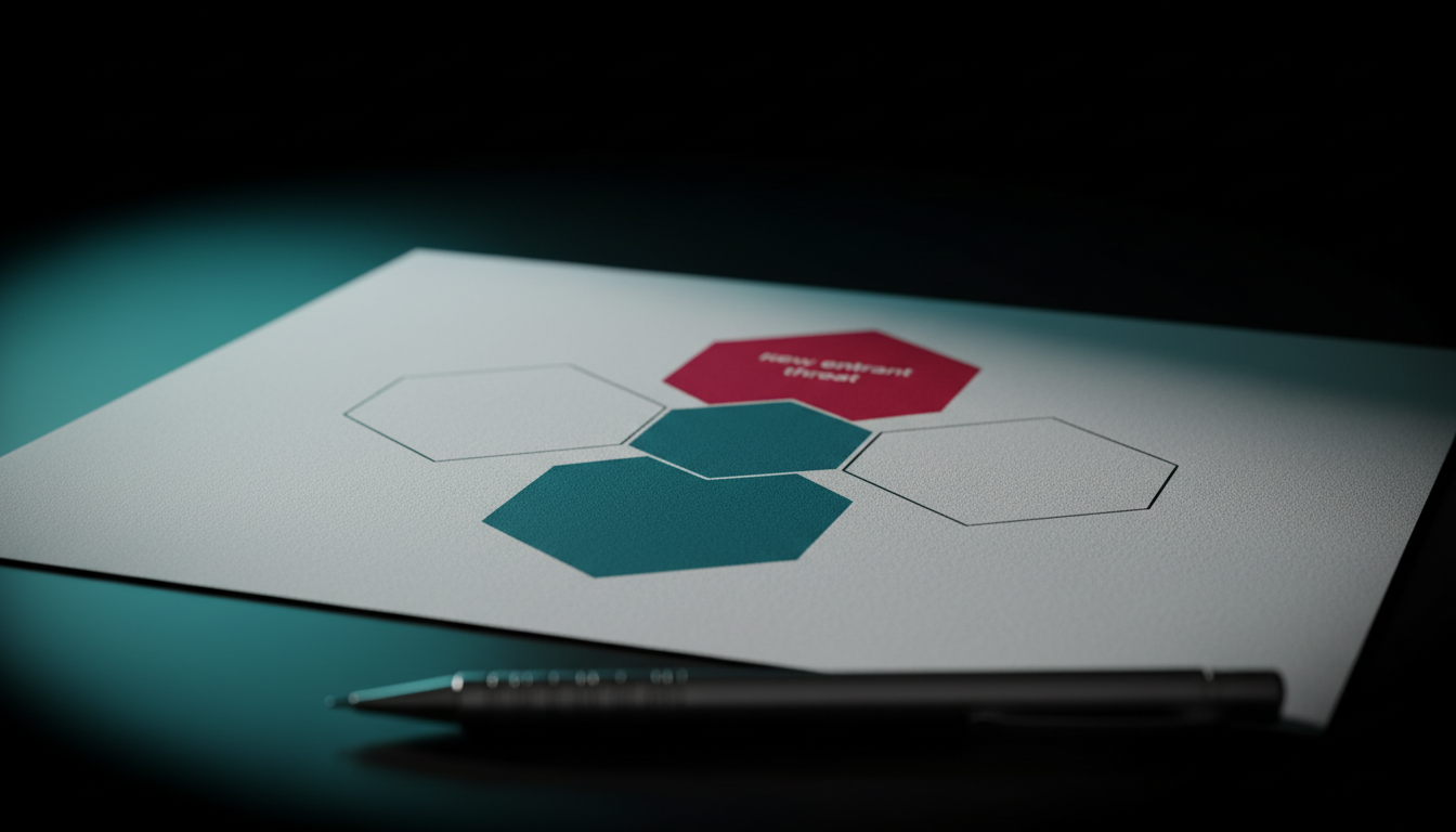 Porters Five Forces hexagonal diagram with teal and crimson highlights