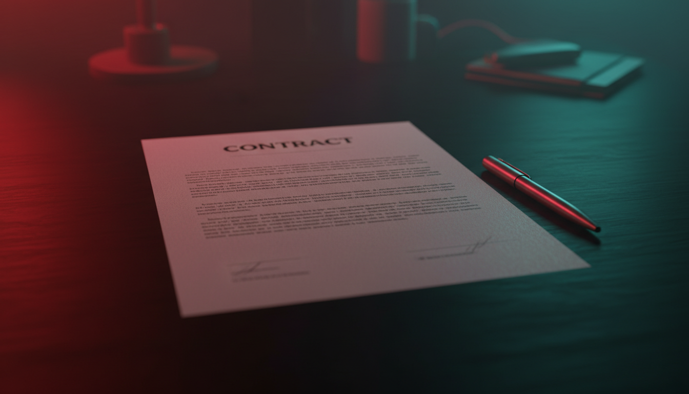 Contract document on dark desk with crimson warning light and teal pen showing agency agreement review