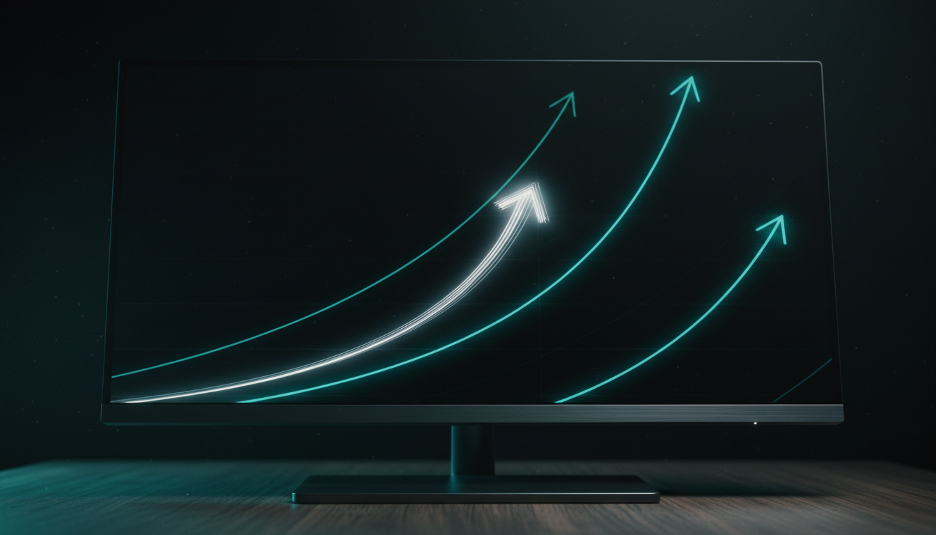 Dark monitoring dashboard with teal performance graphs showing AI automation productivity gains over time