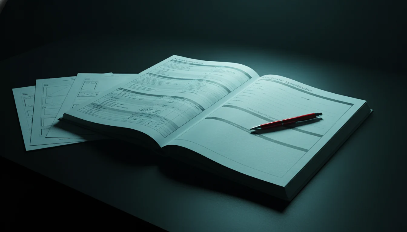 Waterfall project functional specification document with red pen sign-off page