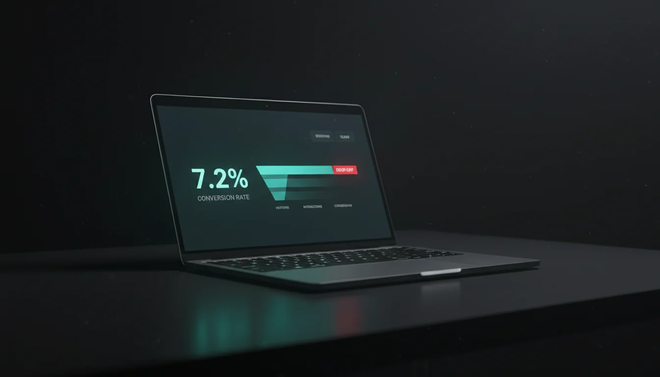 Laptop showing GA4 conversion rate tracking interface with 7.2 percent conversion metric