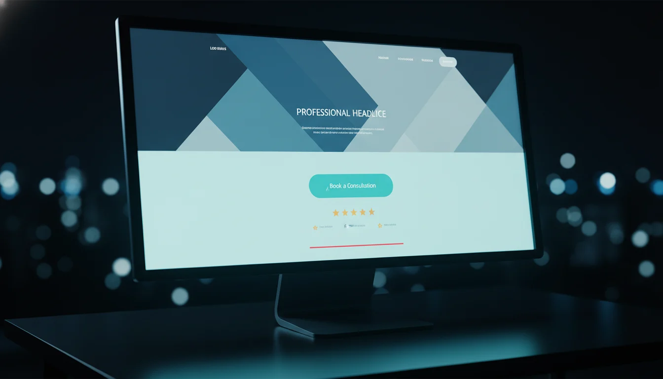 Professional services website on monitor with teal booking CTA button and trust badges above the fold
