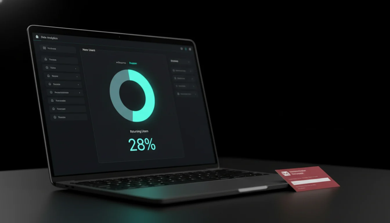 Analytics laptop showing 28 percent return visitor rate donut chart with email re-engagement card