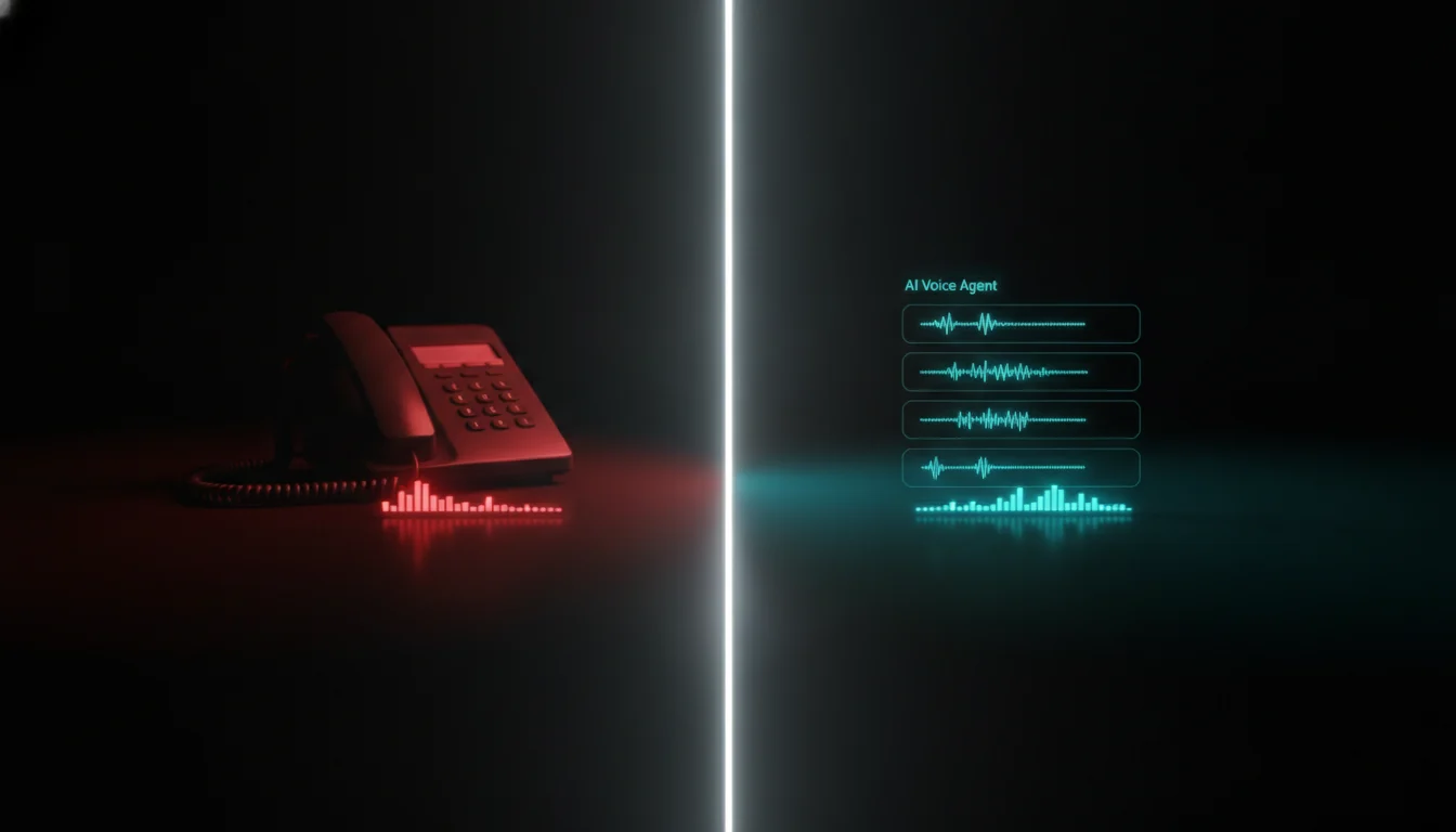 Split screen comparing human call handling costs versus AI voice agent efficiency per call
