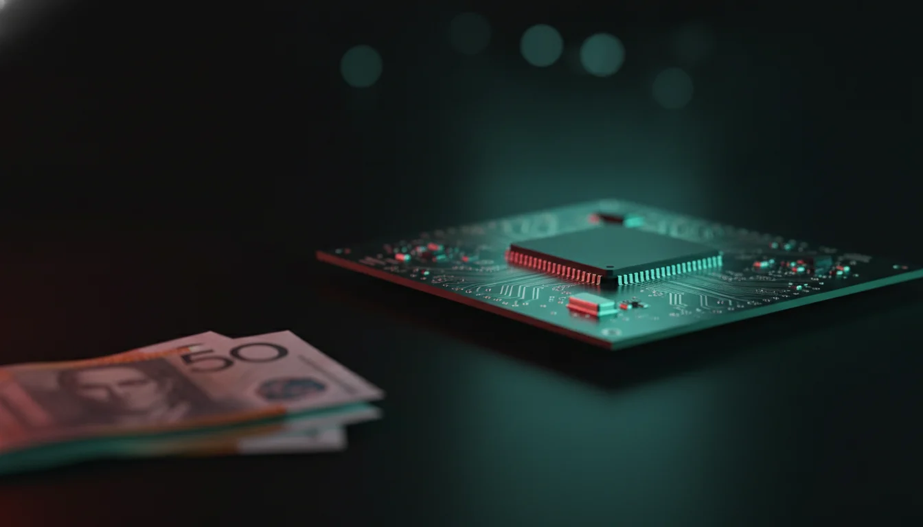 Glowing microchip beside Australian banknotes representing hidden AI automation costs