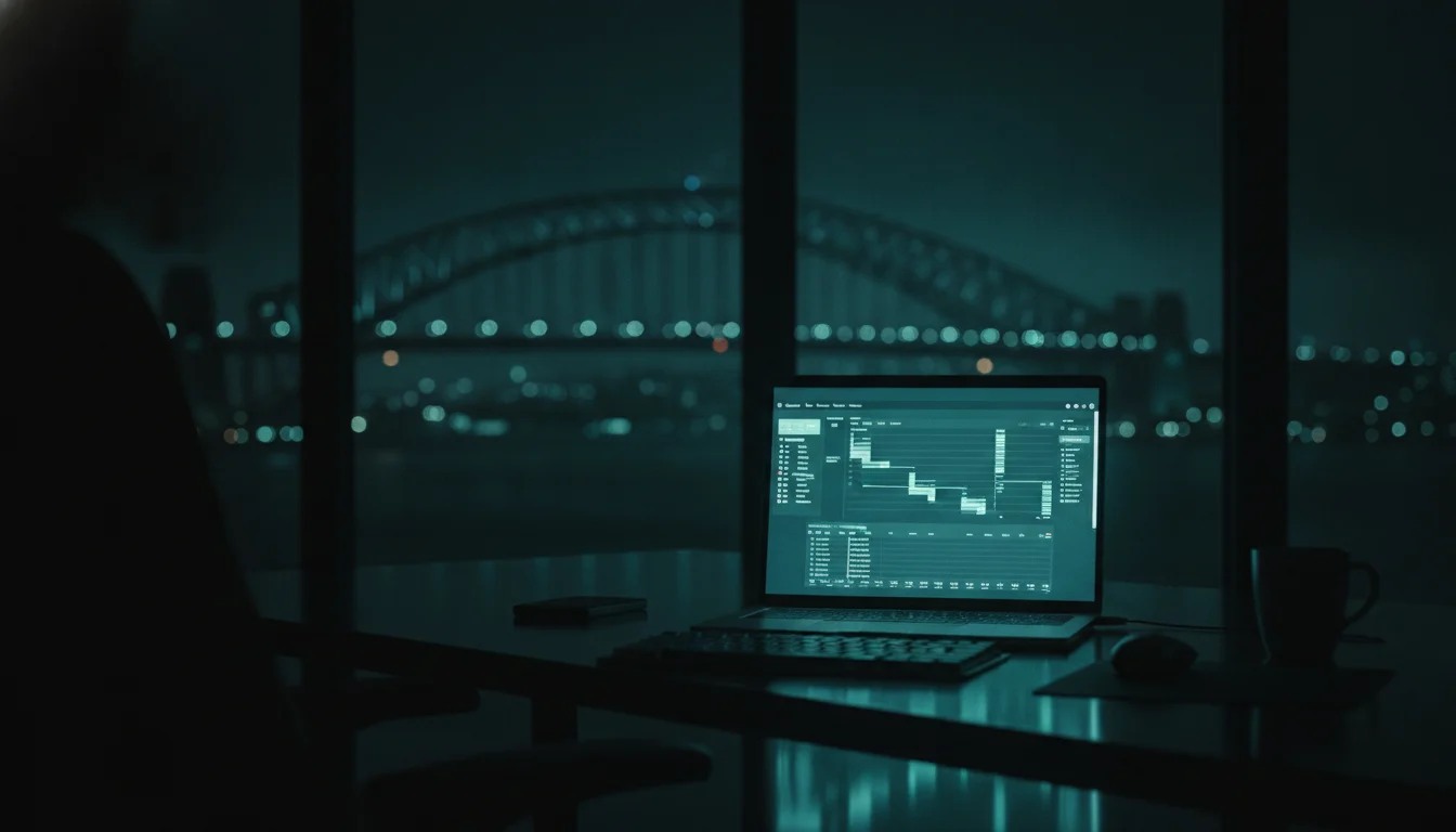 Laptop showing a project timeline with the Sydney skyline in the background