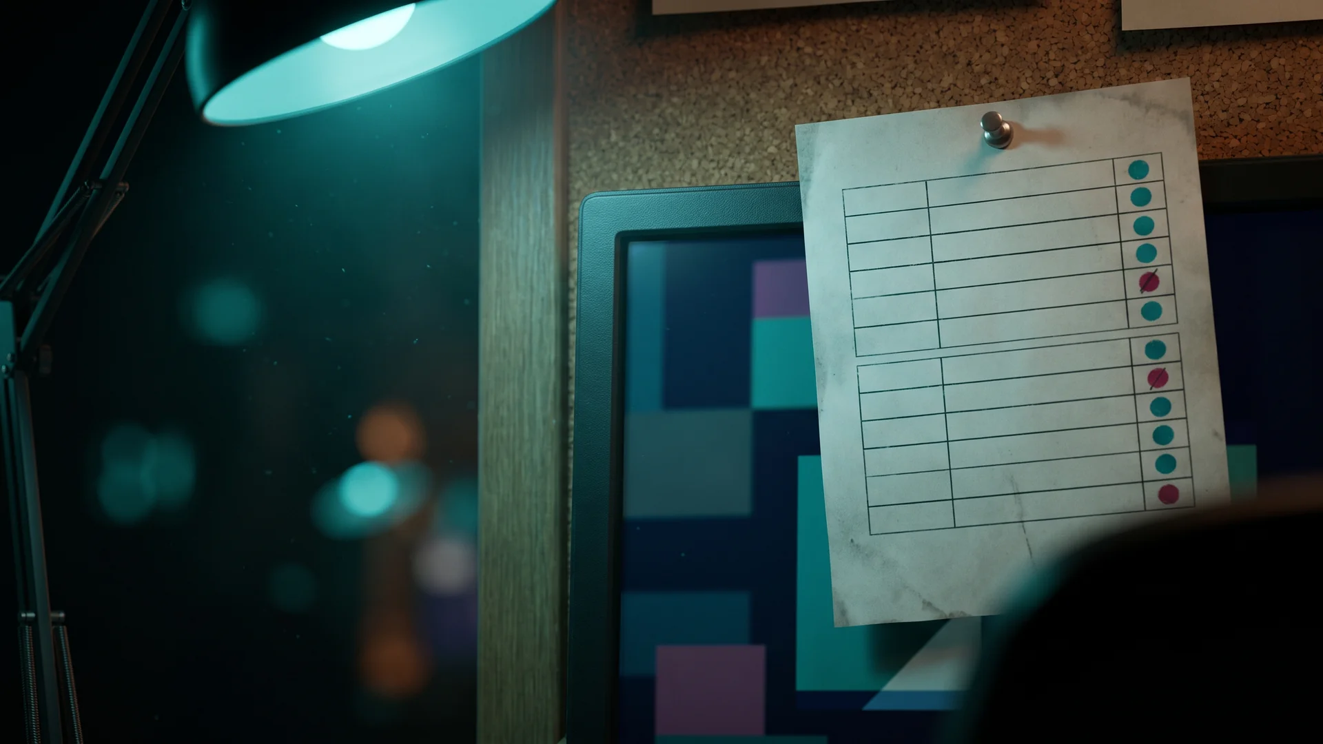 Printed approved AI tools register pinned beside an office monitor, from an AI policy template