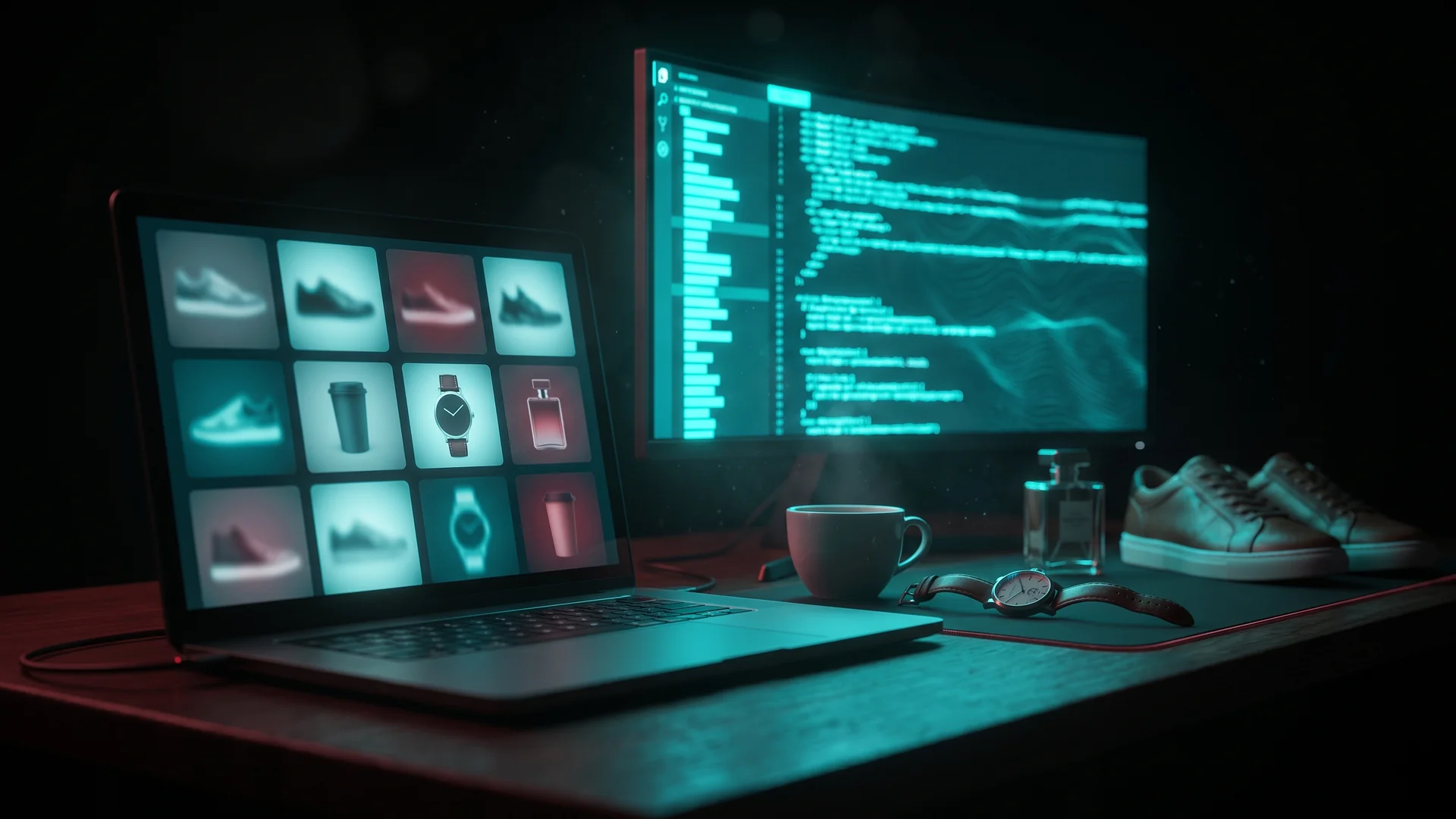 AI-generated product video thumbnails on a laptop beside API code for generative media