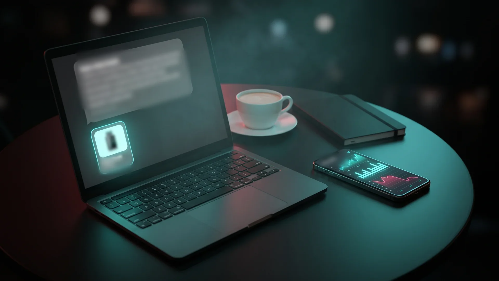 Laptop showing an AI answer with a sponsored card beside a phone analytics dashboard with a falling metric