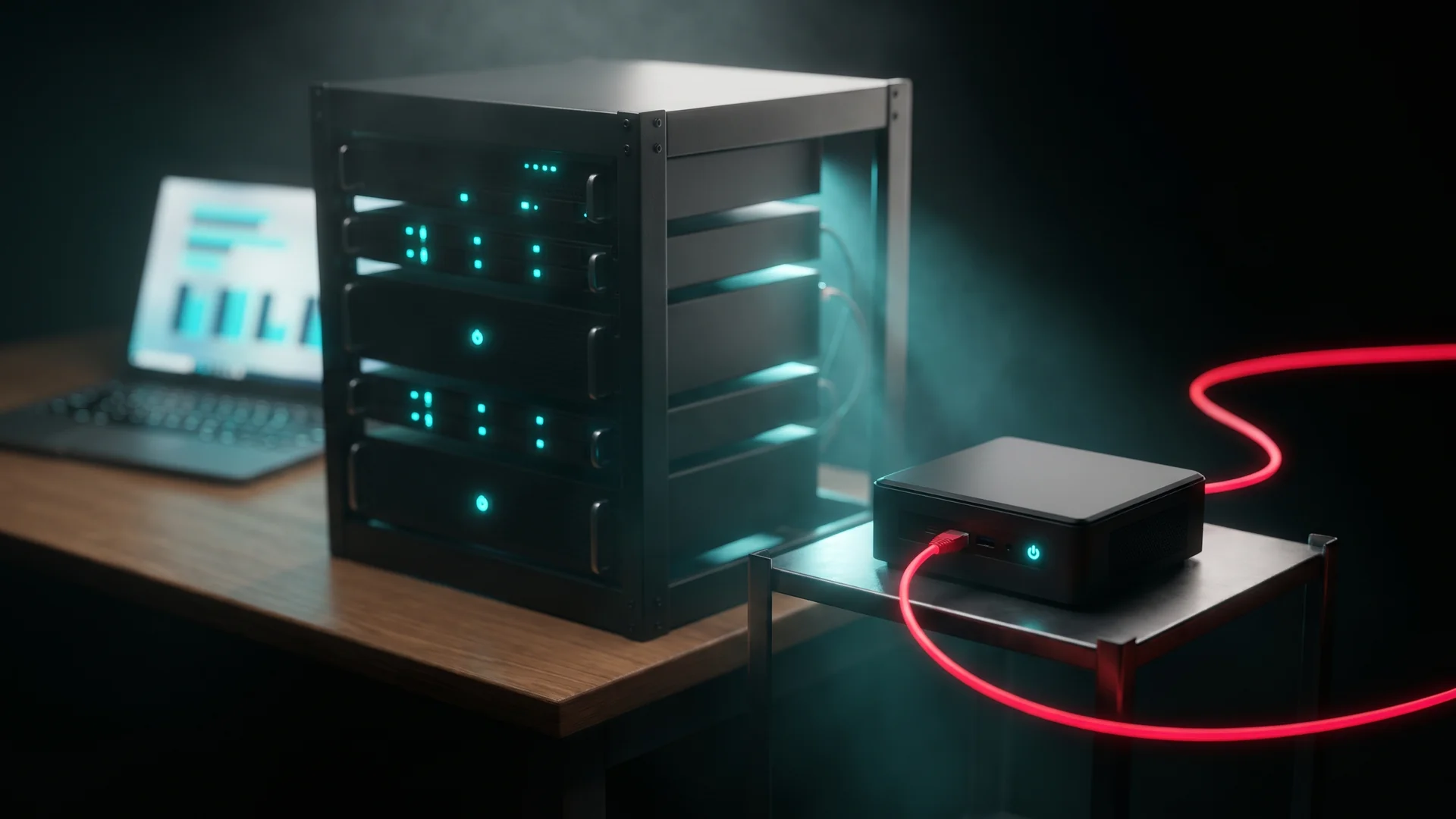 An isolated mini PC on its own network cable beside a server rack, running a self-hosted AI agent